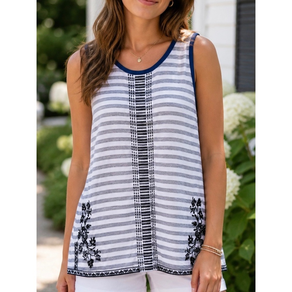 THML Womens Tank Top Grey White Blue Stripe Medium Embroidered Boho Nautical